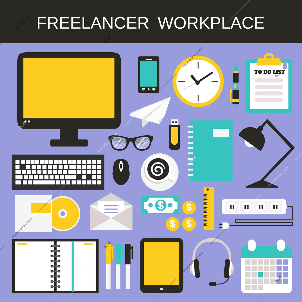 Freelancer workplace icons set with computer notebook calculator smartphone isolated vector illustration