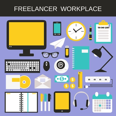 Freelancer workplace icons set with computer notebook calculator smartphone isolated vector illustration