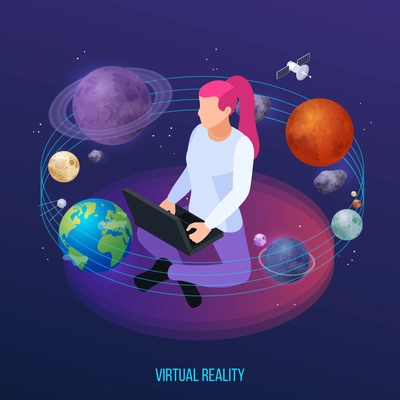 Virtual augmented reality 360 degree isometric composition with female human character surrounded by solar system planets vector illustration
