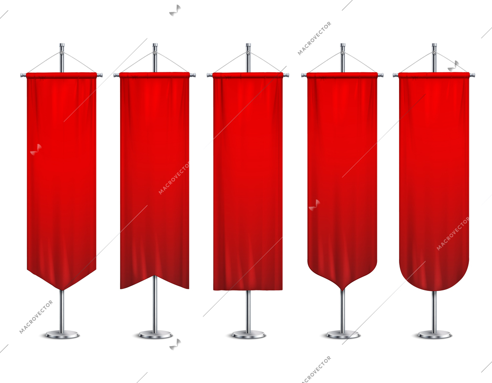 Signal red long sport advertising pennants  banners samples on pole stand support pedestal realistic set vector illustration