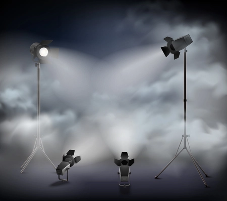 Spotlights in fog special theatrical   atmospheric effects with clouds mist haze smoke light realistic image vector illustration