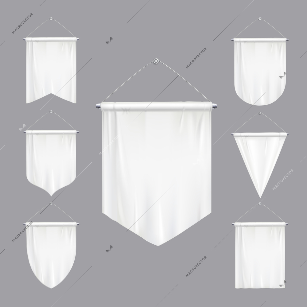 Blank white mock up pennants triangle flags various shapes tapering hanging banners realistic set isolated vector illustration