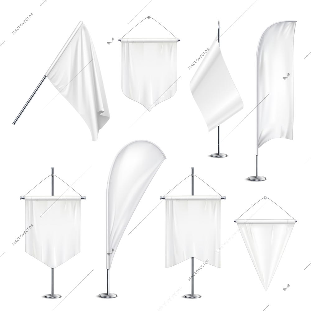 Various sizes shapes pennants banners flags  white blank hanging and on pole stands realistic set vector illustration