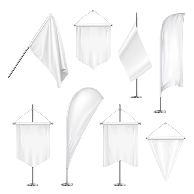 Various sizes shapes pennants banners flags  white blank hanging and on pole stands realistic set vector illustration