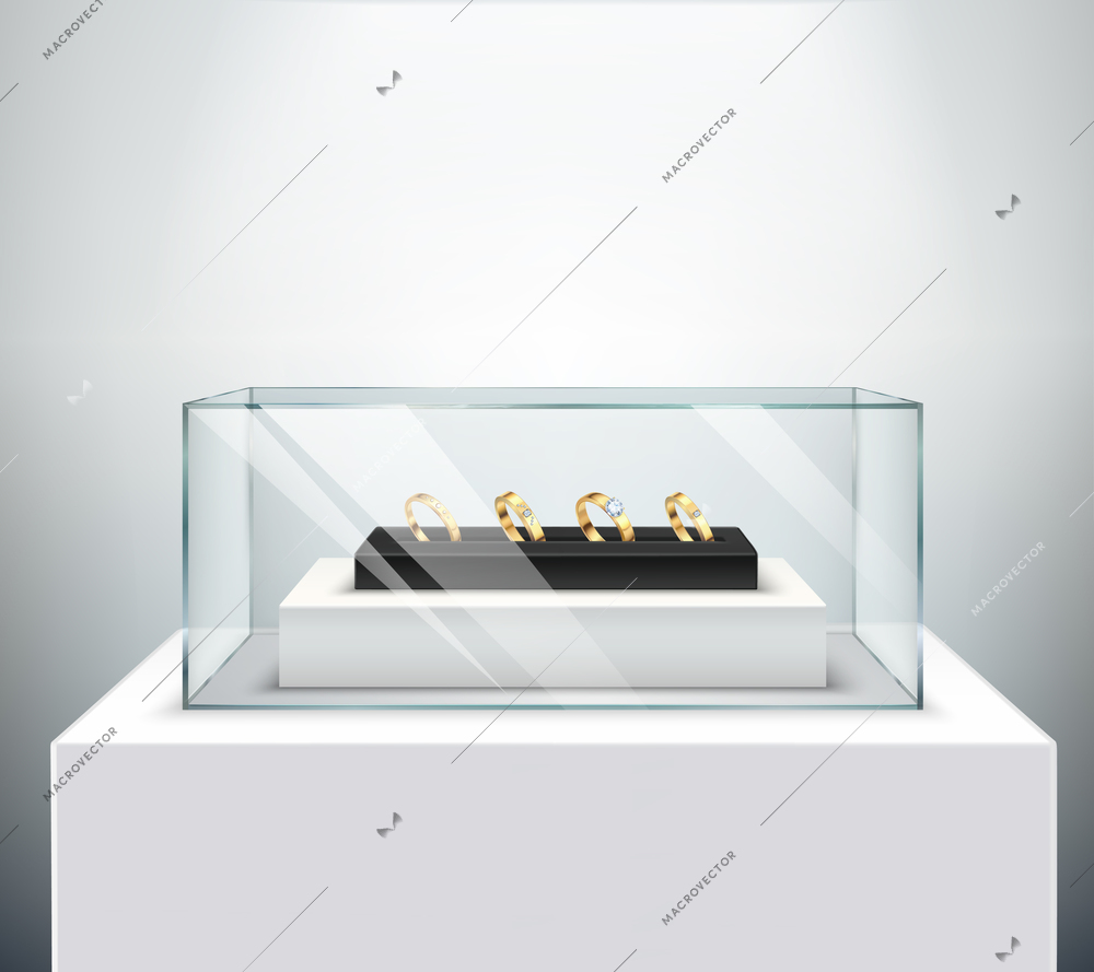 Gold exclusive diamond engagement wedding rings display in luxury jewelry shop spectaculair glass showcase realistic vector illustration