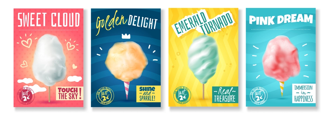 Set of four isolated realistic candy sugar cotton posters with colourful compositions of images and text vector illustration