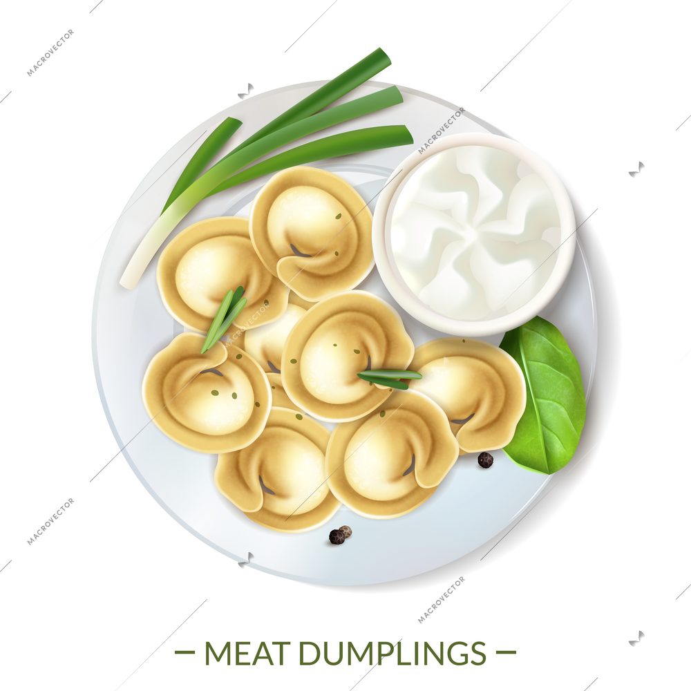 Realistic meat gourmet pelmeni food composition with text and top view of dumplings served on plate vector illustration