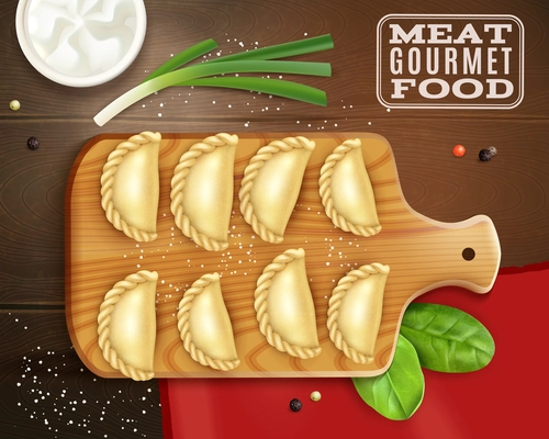 Realistic meat gourmet food composition with top view of wooden plate with dumplings salt and greens vector illustration