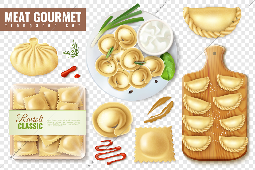 Set of realistic meat gourmet food on transparent background with isolated images of dumplings and ravioli vector illustration