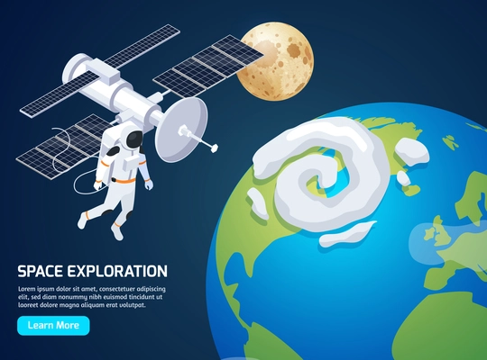 Space exploration isometric background with text learn more button and images of spacewalking astronaut and satellite vector illustration