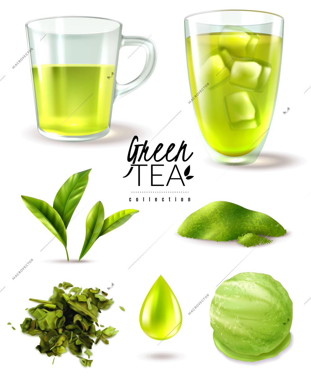 Realistic green tea iced set with isolated images of ripe leaves cups and ice cream scoop vector illustration