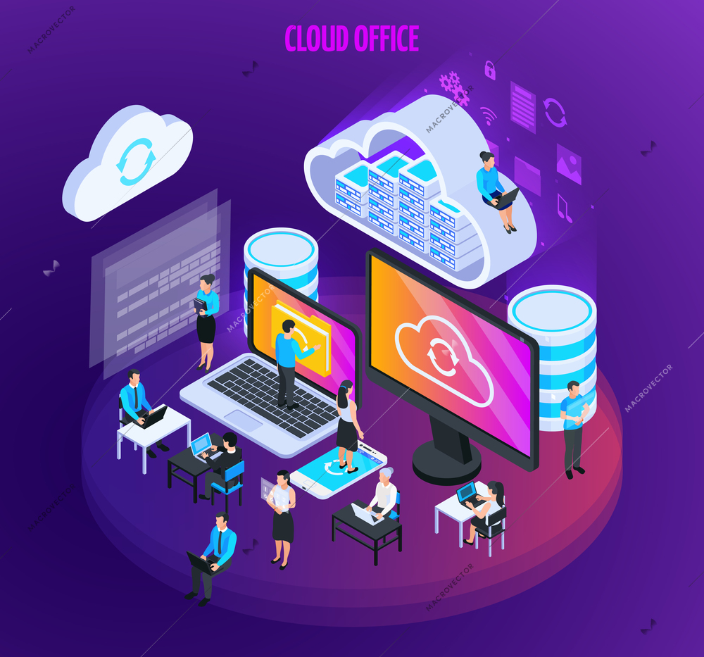 Cloud services isometric composition with small figures of people computer screens icons and flat silhouette pictograms vector illustration