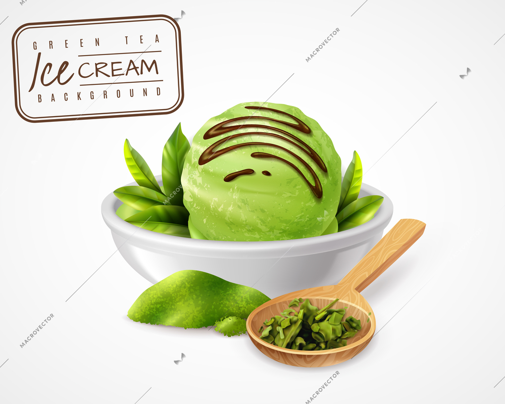 Realistic green tea ice cream with stamp frame editable text and image of plate with icecream vector illustration