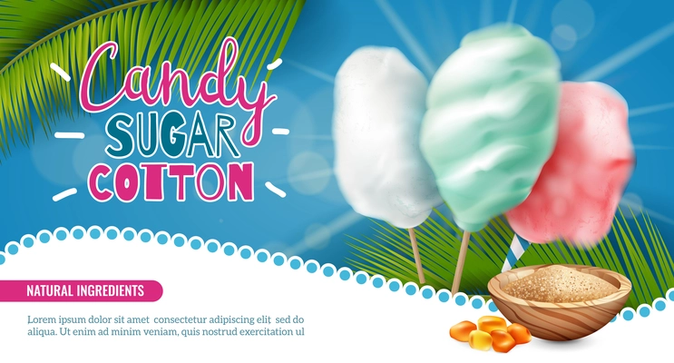 Realistic candy sugar cotton horizontal poster background with editable text and images of palm leaves sweets vector illustration