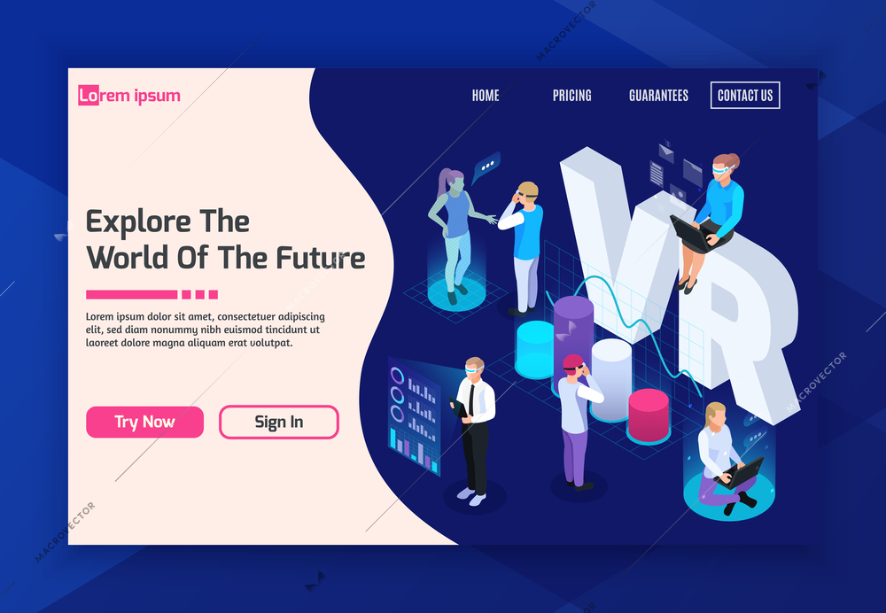 Virtual augmented reality 360 degree isometric background for website landing page woth clickable buttons and text vector illustration