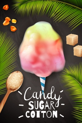 Realistic candy sugar cotton posterwith image of cotton candy surrounded by palm leaves and text vector illustration