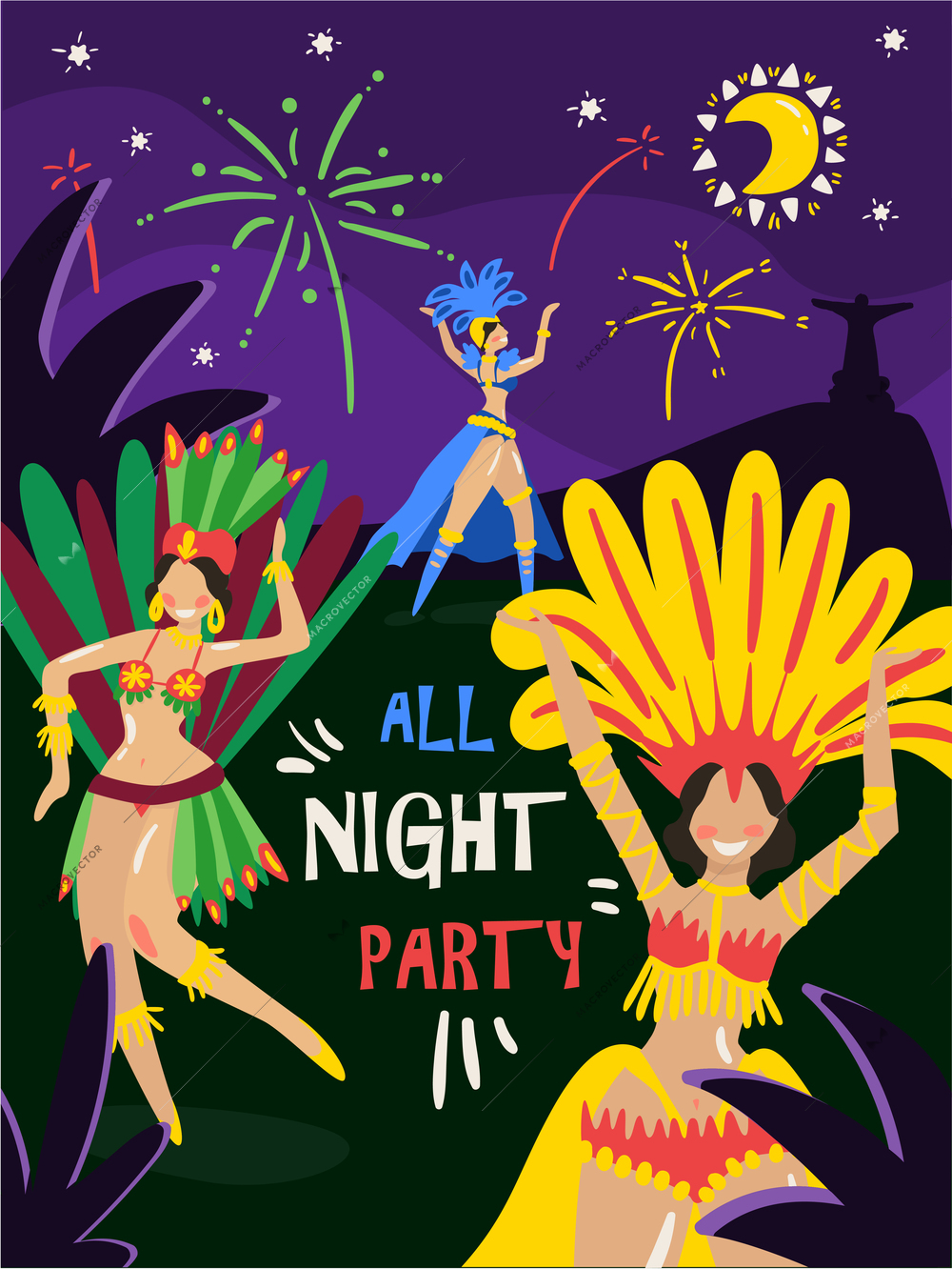 Brazil carnival annual celebration night party invitation with dancing women in colorful bikini feathers costumes vector illustration