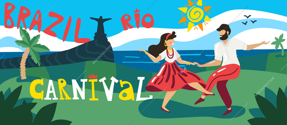 Brazil carnival horizontal banner with dancers in national costumes outdoor with christ statue in background vector illustration