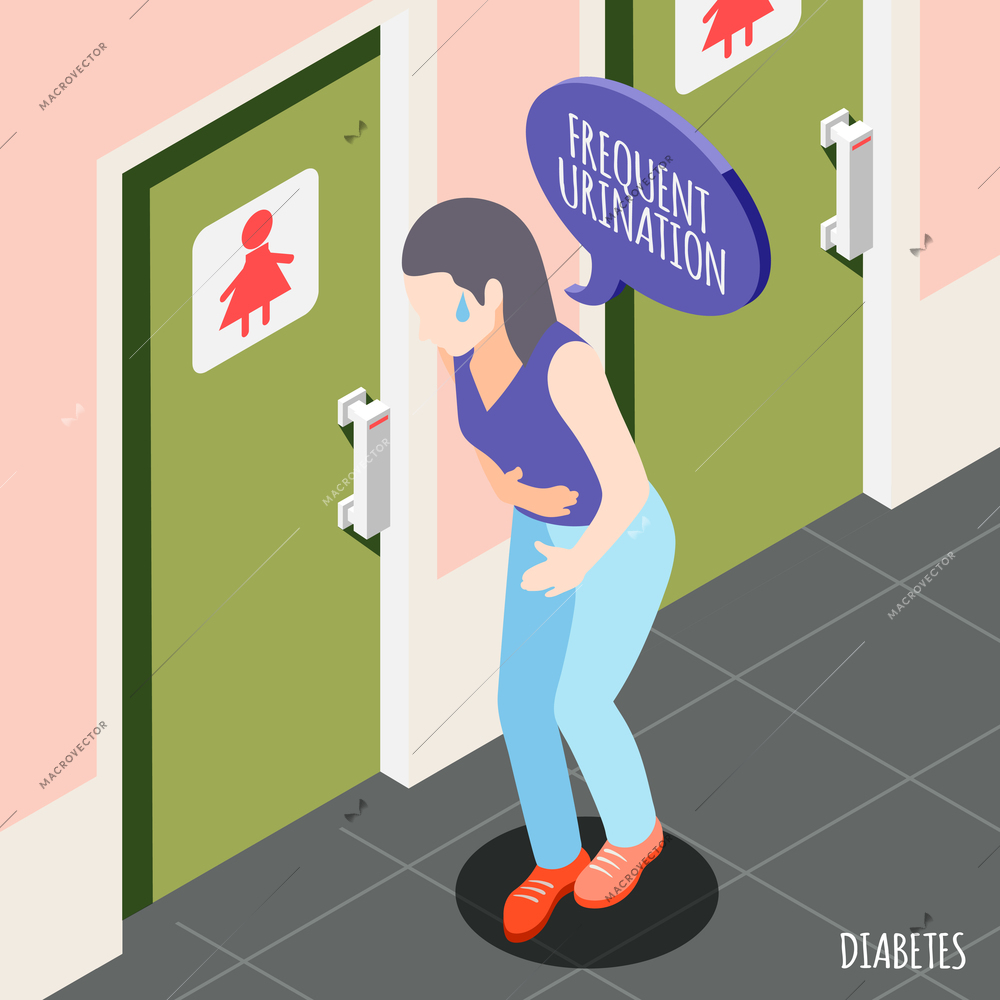 Diabetes isometric background with young woman holding her stomach and suffering from frequent urination vector illustration