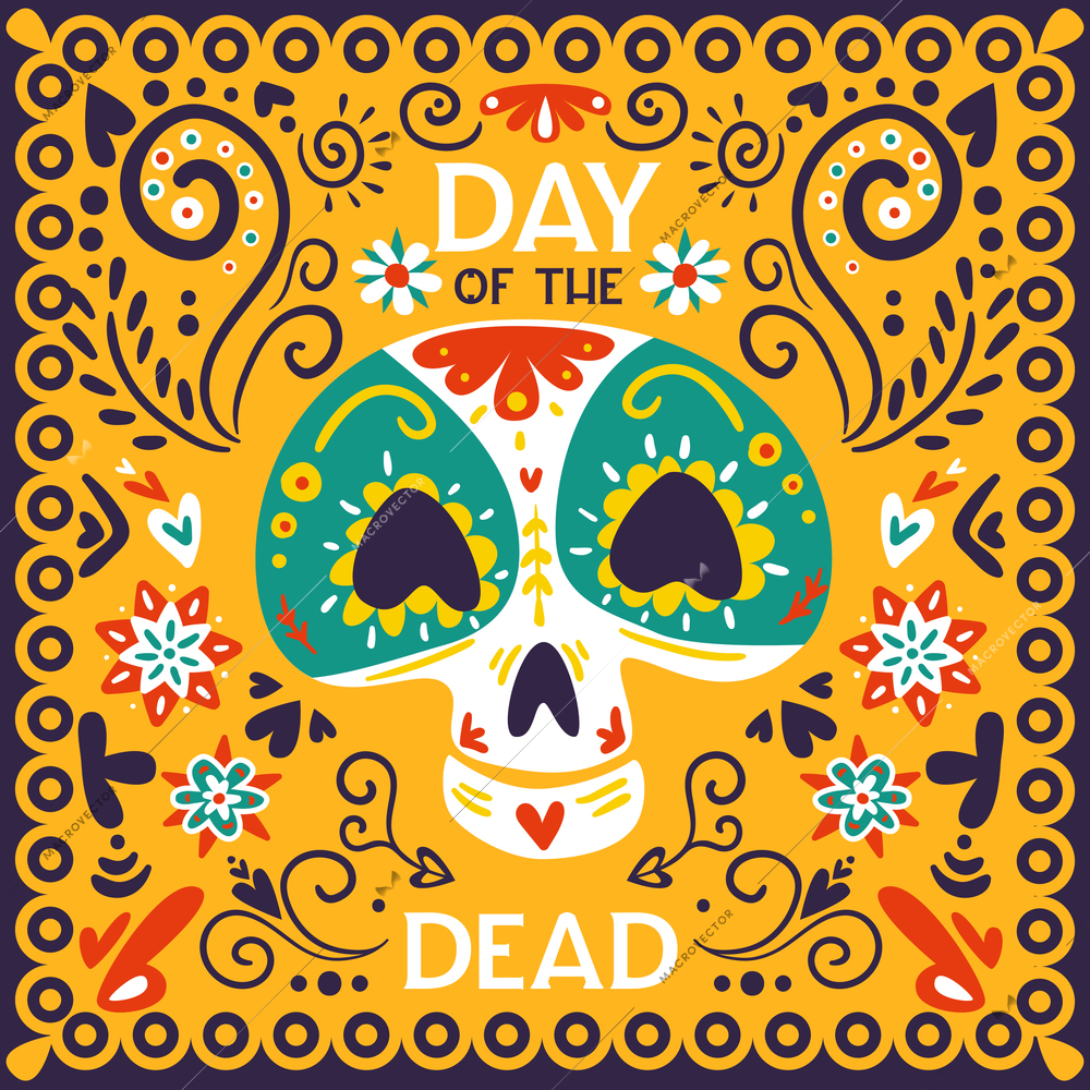 Mexican day of dead holiday celebration bright golden yellow ornamental poster with skull mask abstract vector illustration