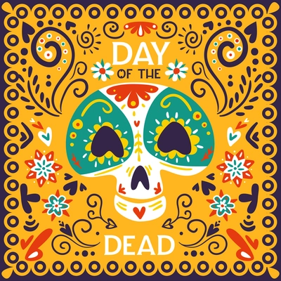 Mexican day of dead holiday celebration bright golden yellow ornamental poster with skull mask abstract vector illustration