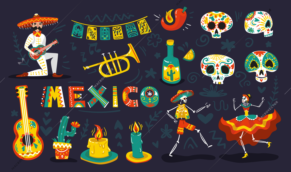 Mexican dia muertos day dead symbols attributes colorful set with dancing skeletons sugar skulls masks vector illustration