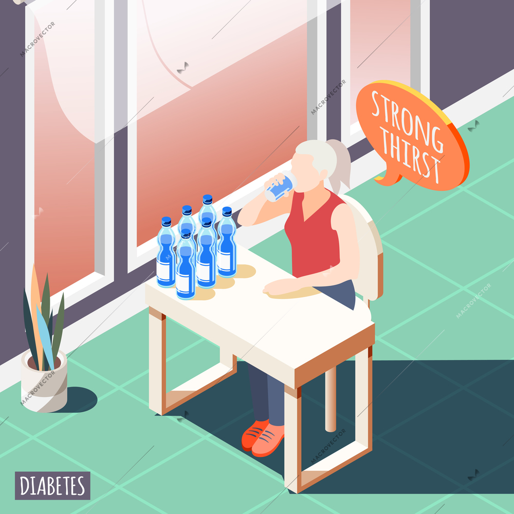 Diabetes isometric background with diseased women feeling strong thirst and drinks water vector illustration