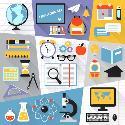 School stationery education science e-learning flat set isolated vector illustration