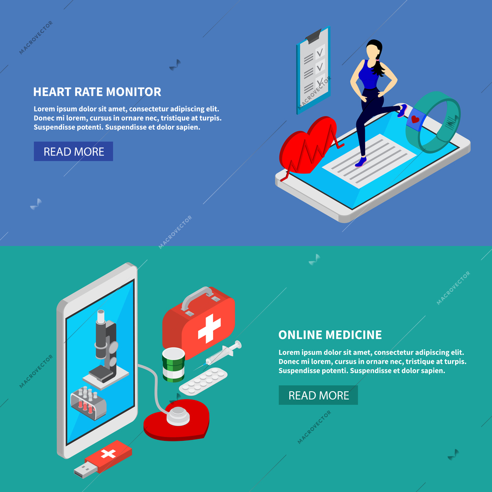 Mobile medicine isometric horizontal banners set with heart rate monitor symbols isolated vector illustration