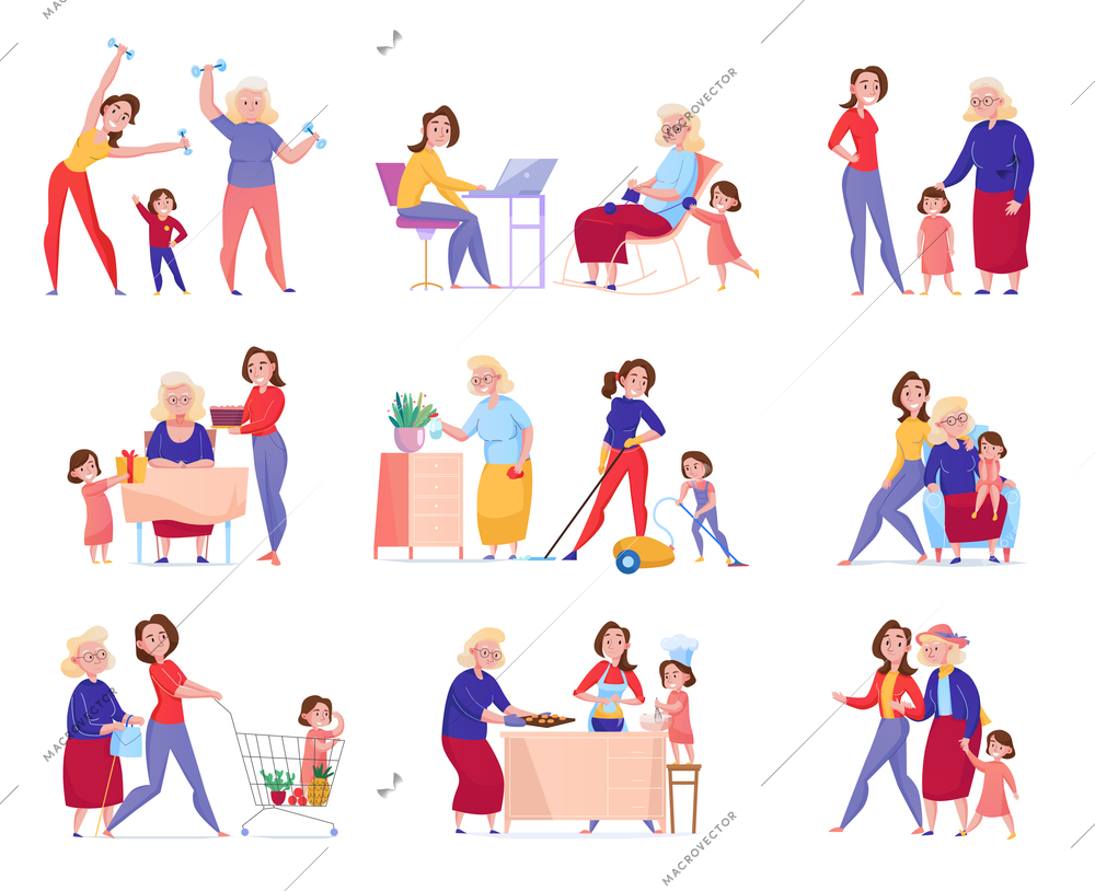 Flat isolated women generation grandma mother daughter icon set with family in the moments vector illustration