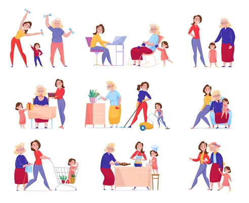 Flat isolated women generation grandma mother daughter icon set with family in the moments vector illustration