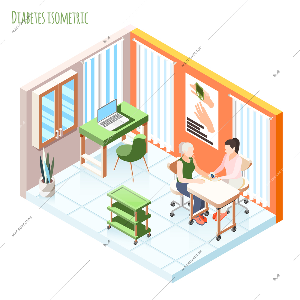 Diabetes isometric composition with patient and doctor showing meter measures blood sugar level vector illustration