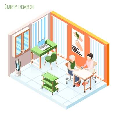 Diabetes isometric composition with patient and doctor showing meter measures blood sugar level vector illustration