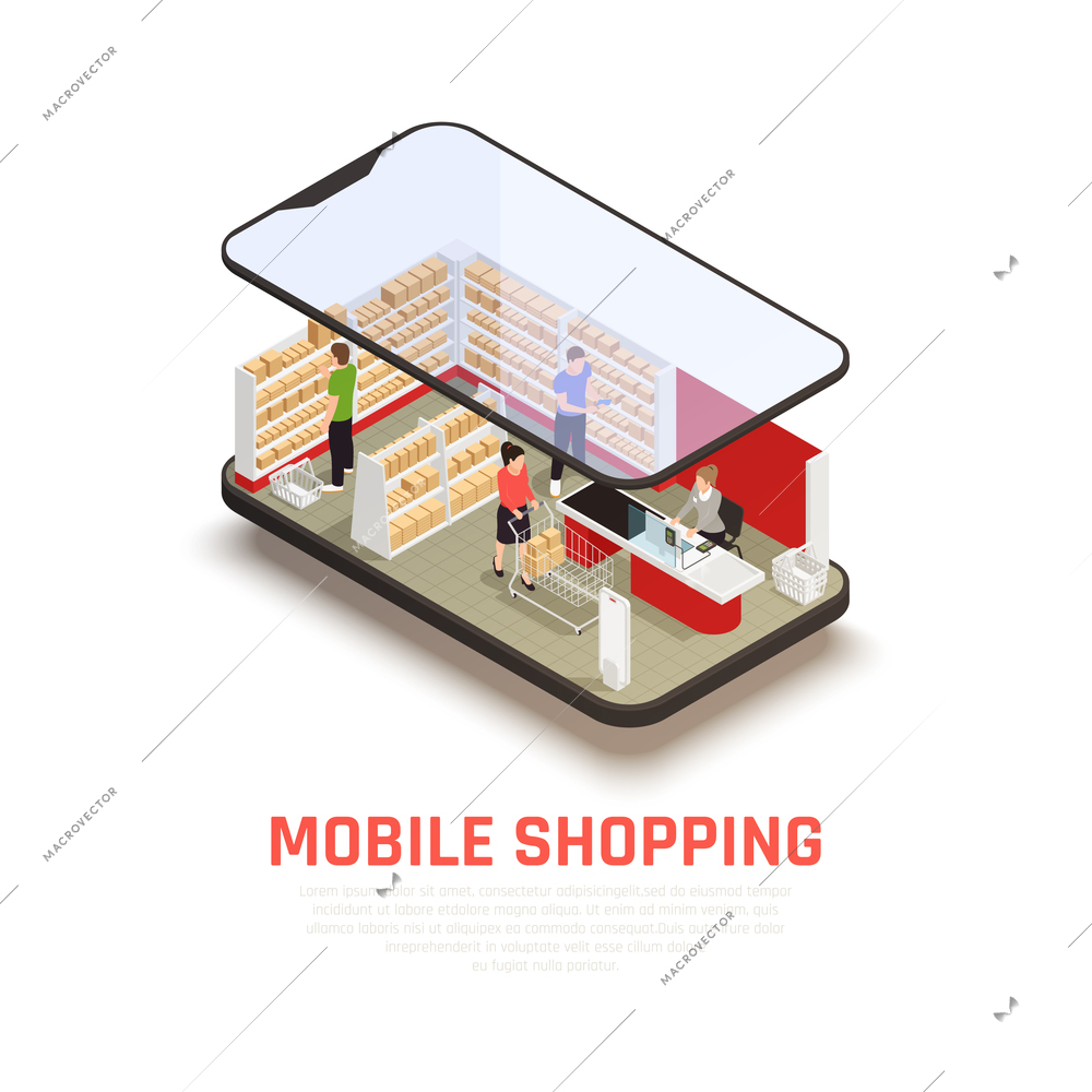 Mobile shopping concept with ecommerce symbols isometric vector illustration