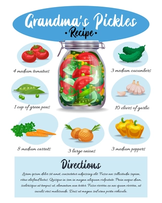 Grandma pickles marinade colorful pictorial recipe with ingredients written instructions culinary appetizing infographic leaflet page vector illustration