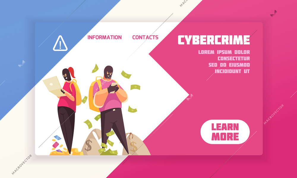 Horizontal and flat hacker concept banner with cybercrime headline and learn more button vector illustration