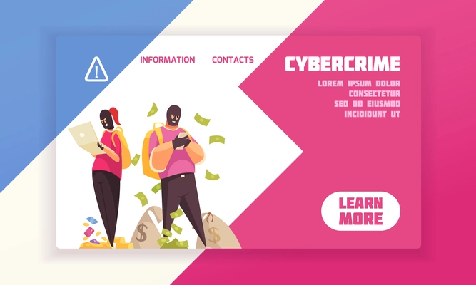 Horizontal and flat hacker concept banner with cybercrime headline and learn more button vector illustration