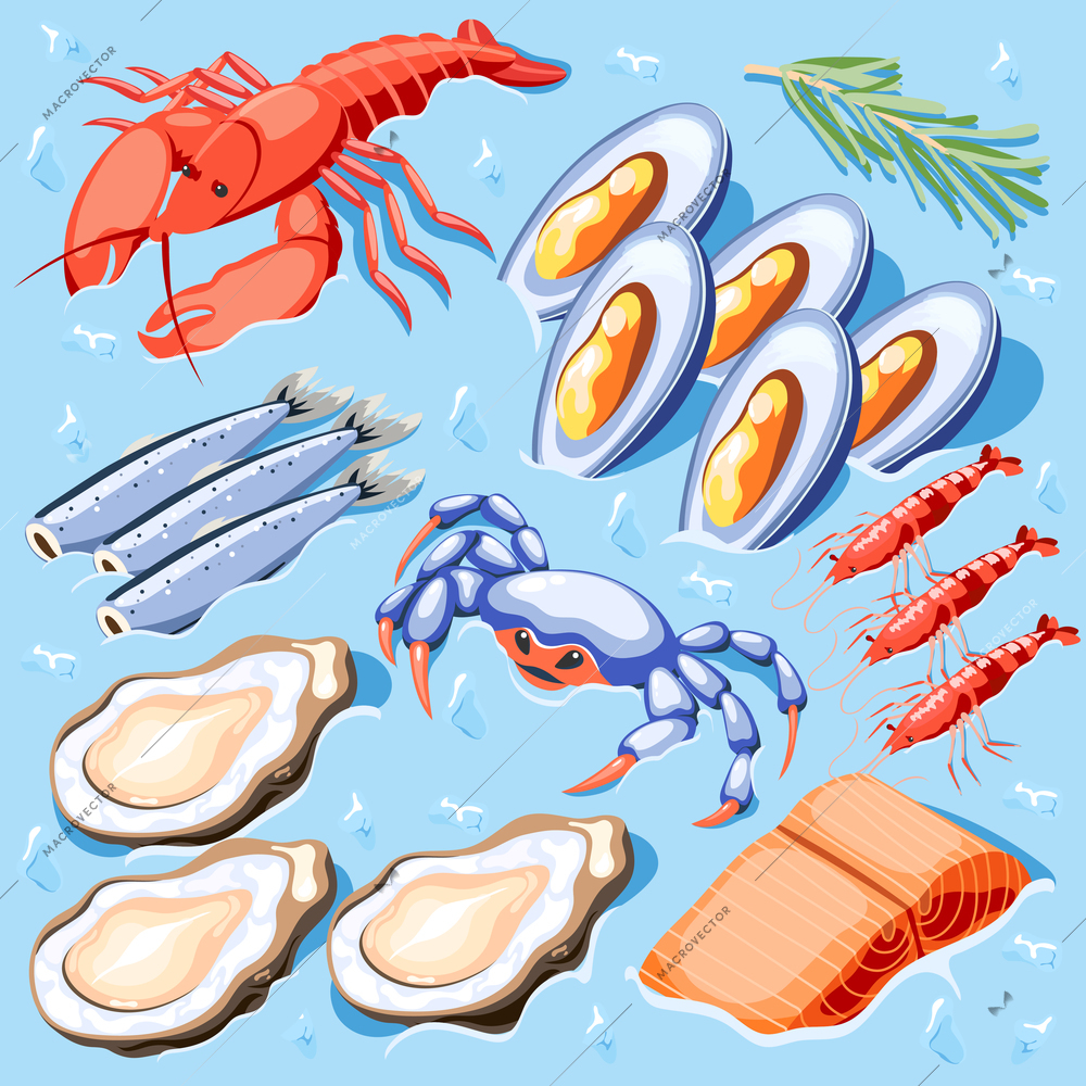 Fish superfood isometric poster with mussels crawfish crabs shrimp oysters lobster icons vector illustration