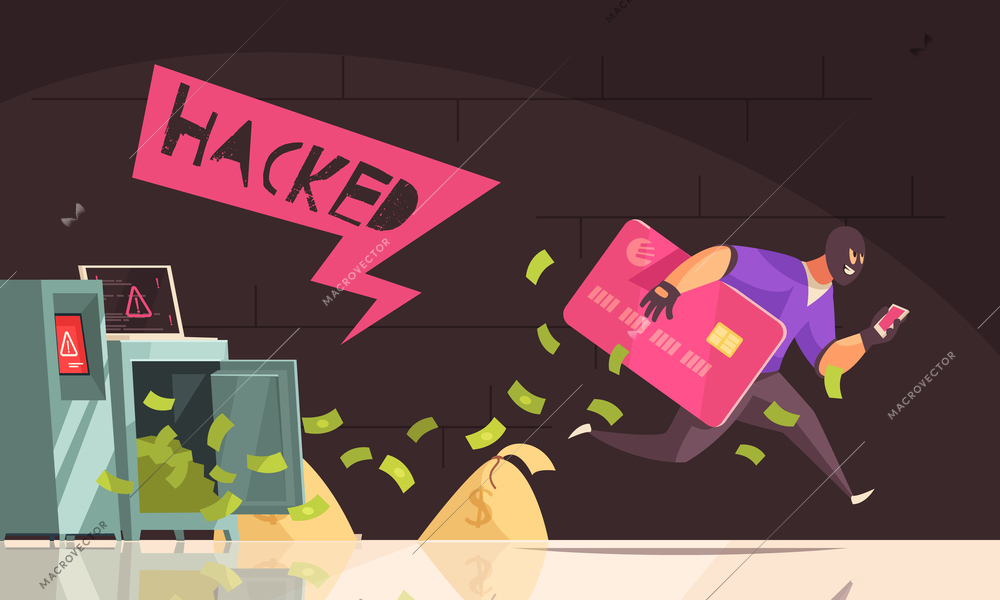 Colored and flat hacker runs away composition man steal credit card and runs vector illustration