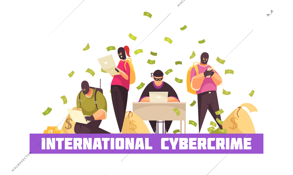 Flat hacker composition with international cybercrime headline and money bills flying around the stealers vector illustration