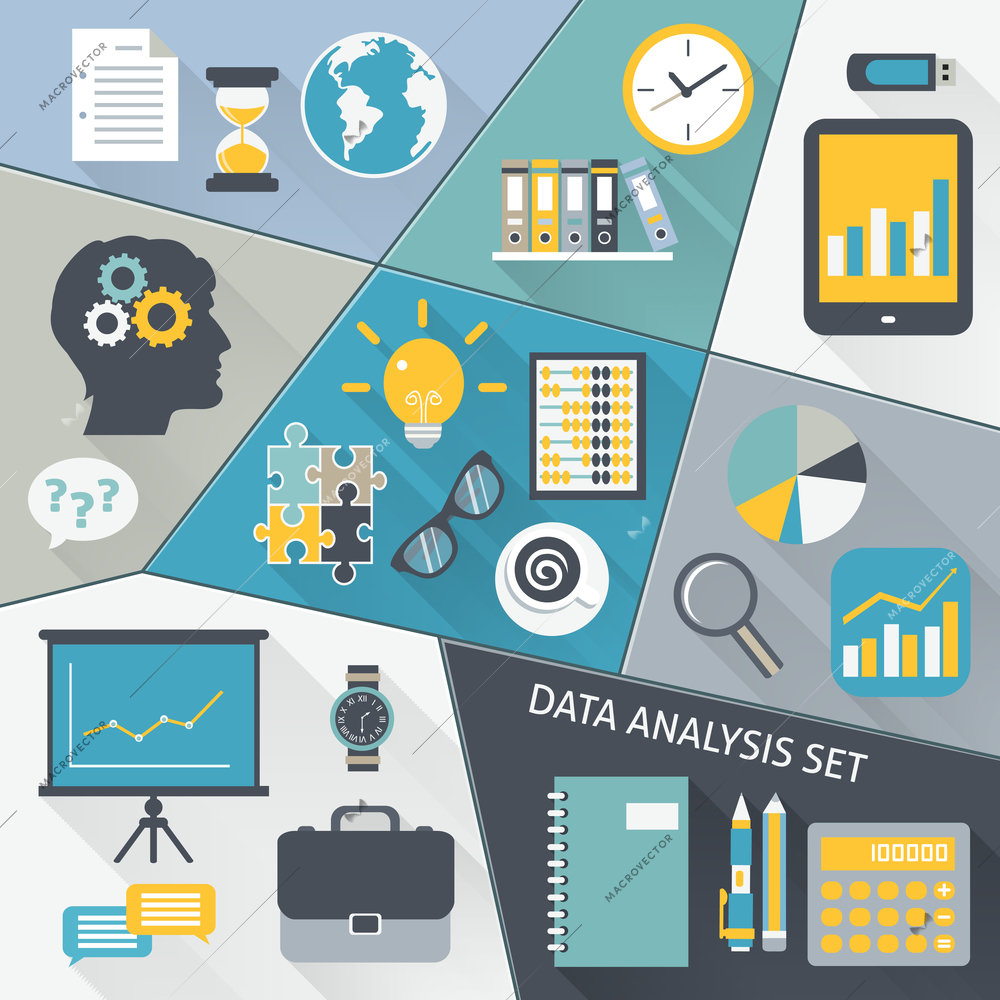 Data analysis business flat icons set with symbols and gadgets isolated vector illustration.