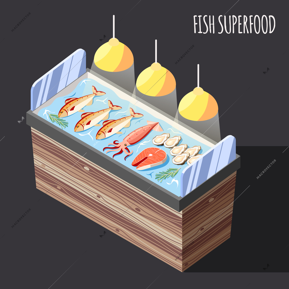 Fish superfood isometric background with fresh products on ice counter vector illustration