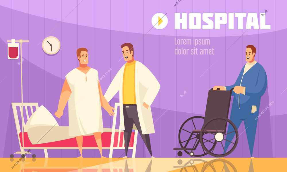 Flat and colored hospital composition with doctor and nurse helping the patient vector illustration