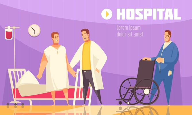 Flat and colored hospital composition with doctor and nurse helping the patient vector illustration