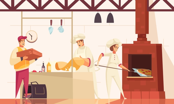 Pizzeria flat composition with chefs bake pizza in oven at the kitchen and gives the order to courier vector illustration