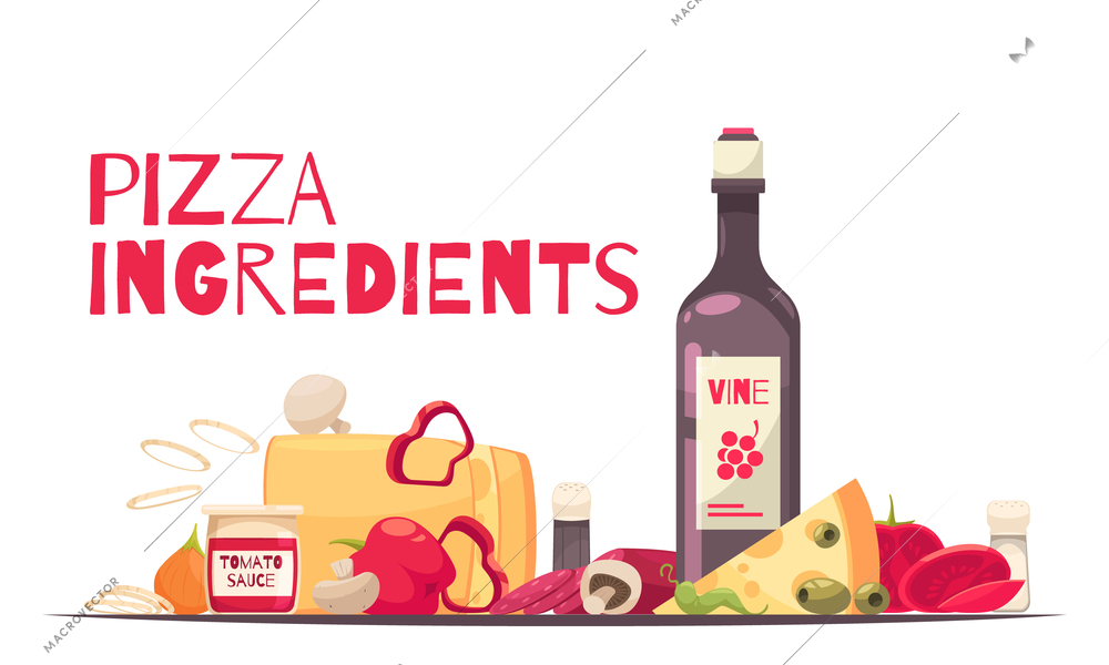 Colored and flat pizza composition with pizza ingredients headline and bottle of wine vector illustration