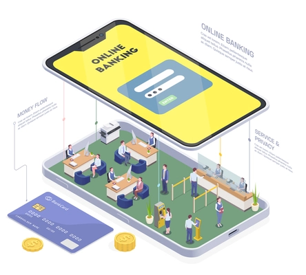 Banking financial isometric composition with conceptual image of smartphone with bank branch interior people and text vector illustration