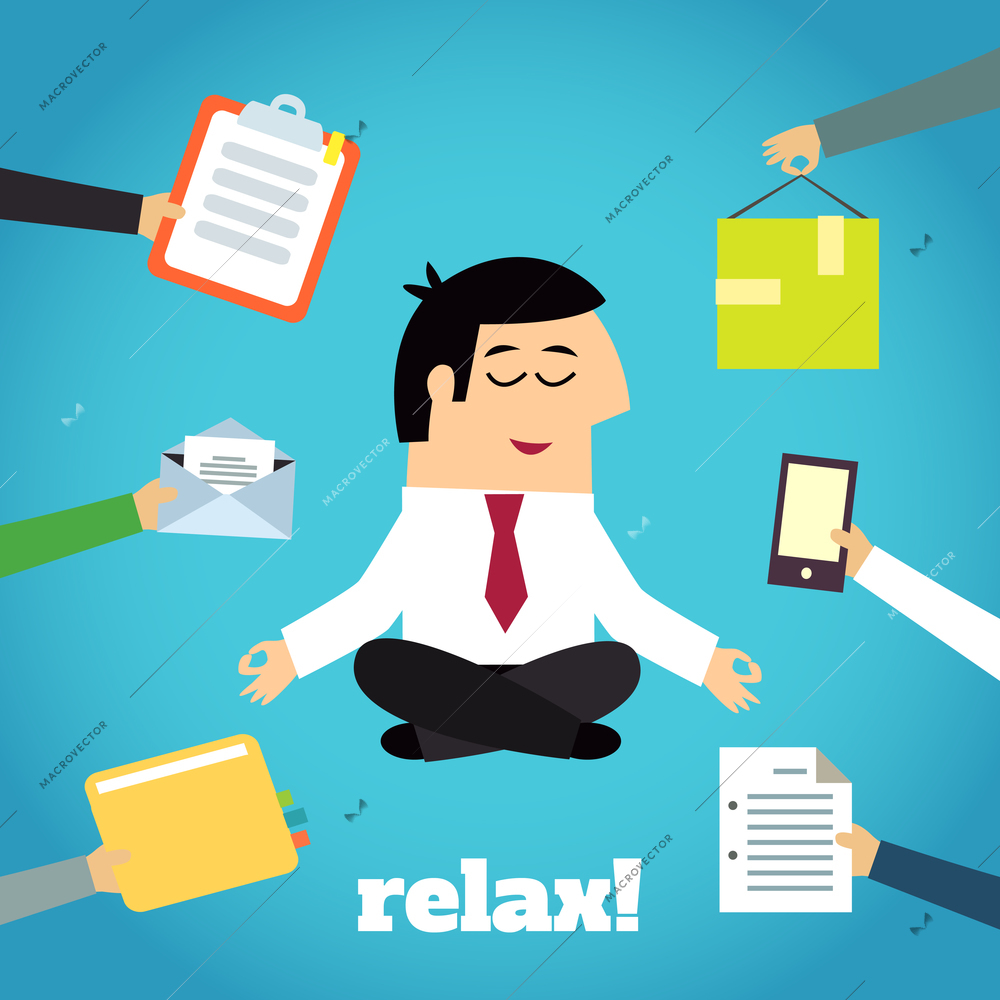 Businessman practicing yoga cross legged lotus asana relaxation technique detachment from documents pressure cartoon character vector illustration