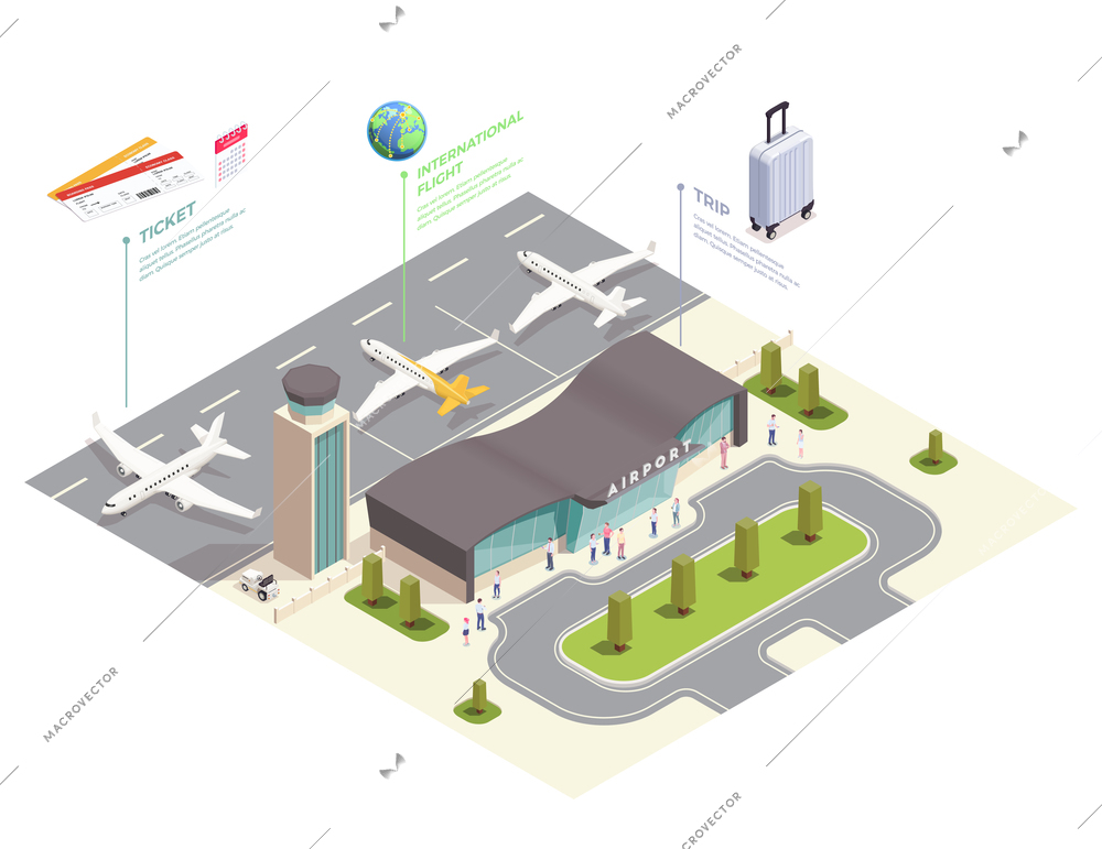 Airport isometric composition with infographic view of airport locations with terminal building flying lines and text vector illustration
