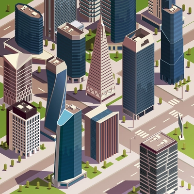 City skyscrapers isometric composition with realistic view of modern city block with tall buildings and towers vector illustration